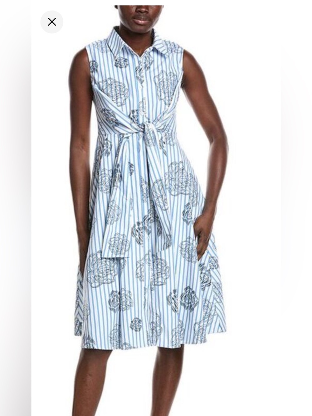 NWOT Gracia Blue and White Striped Shirt Dress with Floral Detail